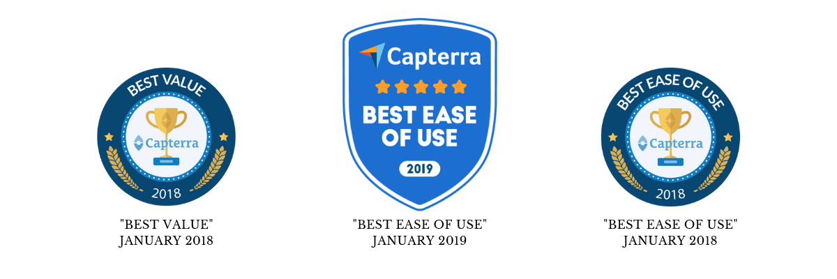 The "Best Value", "Best Ease of Use 2018" and "Best Ease of Use 2019" badge from Capterra.