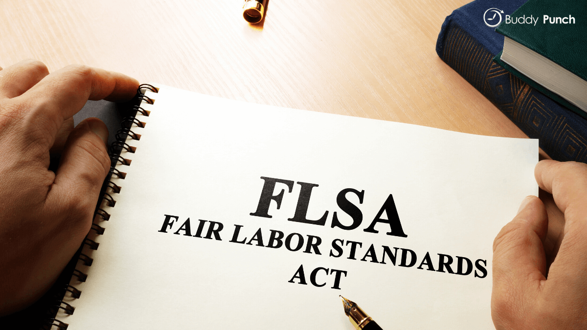 Manager reviewing a copy of the FLSA, Fair Labor Standards Act, manual.