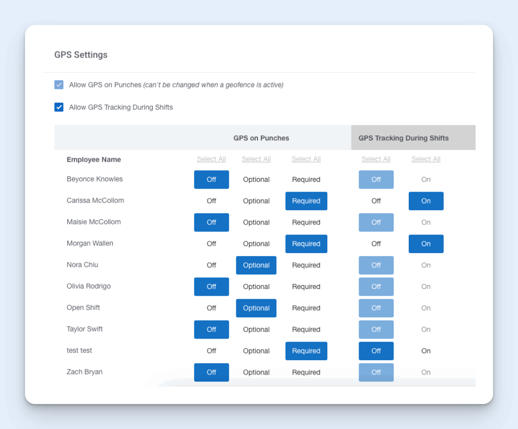 Image showing how the GPS tracking settings in Buddy Punch are customizable
