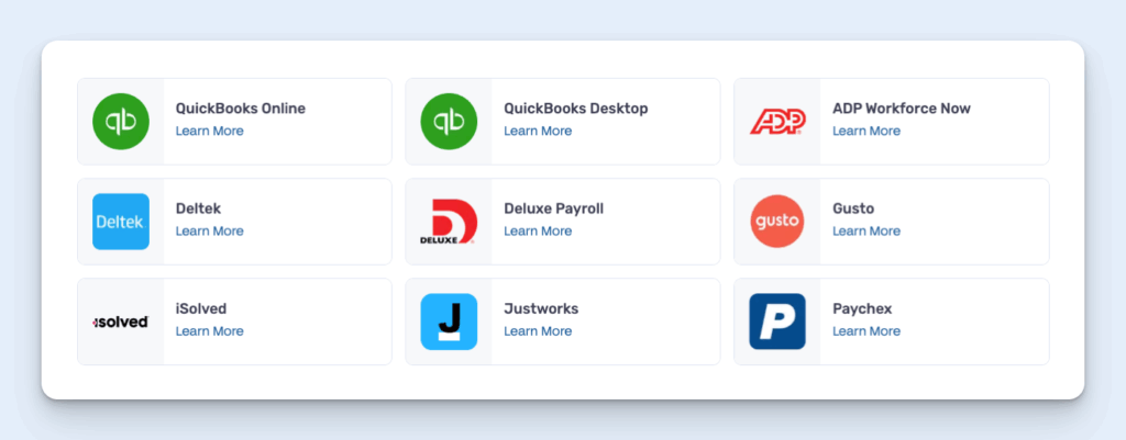 Image showing a list of some of Buddy Punch's integrations