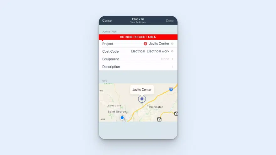 Image of BusyBusy's mobile app showing the location of an employee who's outside of a geofence