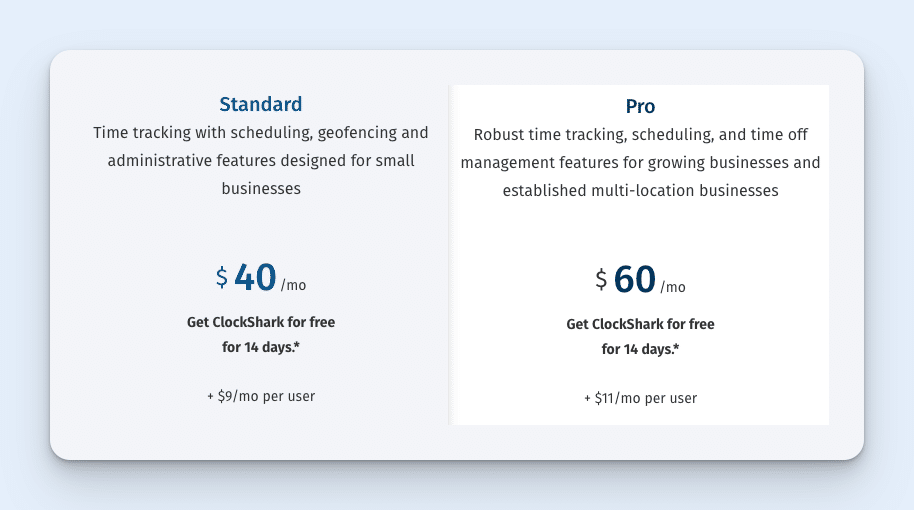 Screenshot showing ClockShark's pricing