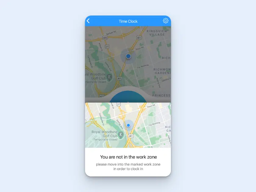 Image of the warning an employee receives when clocking out while outside of a geofence in Connecteam