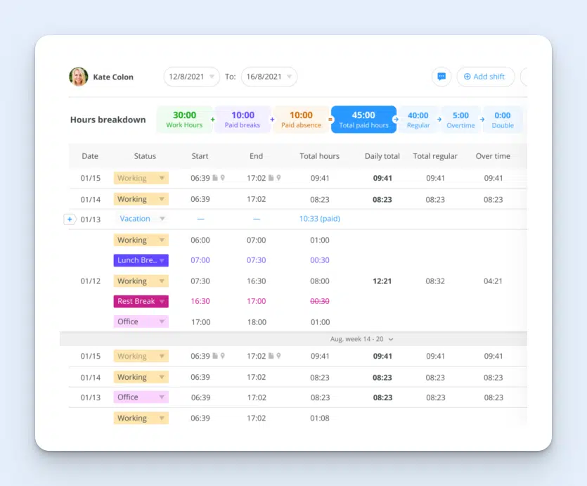 Image showing an employee's timesheet in Connecteam