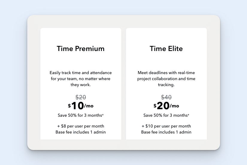 Screenshot showing QuickBooks Time's pricing