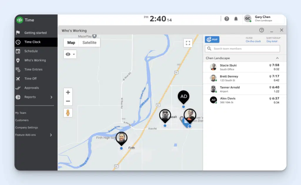 Image of QuickBooks Time's employee location map