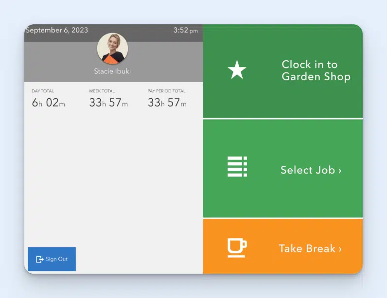 Image of QuickBooks Time's time clock kiosk