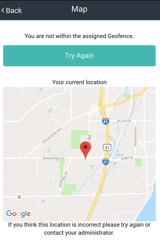 Buddy Punch's Geofencing option: "You are not within the assigned Geofence. Try again."
