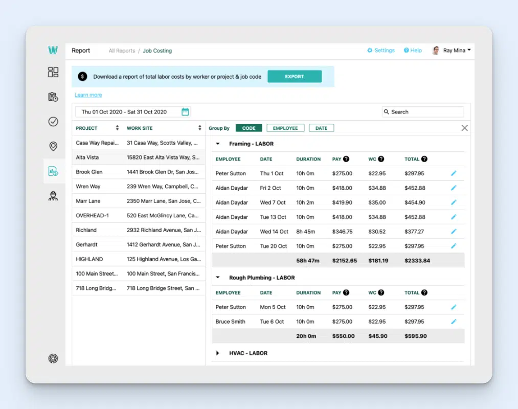Image showing Workyard's job costing feature