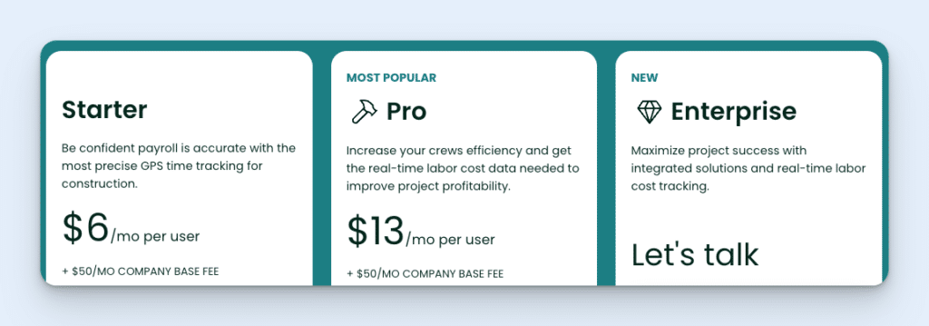 Screenshot showing Workyard's pricing