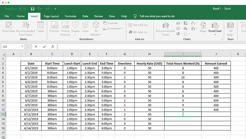 Excel time sheet example