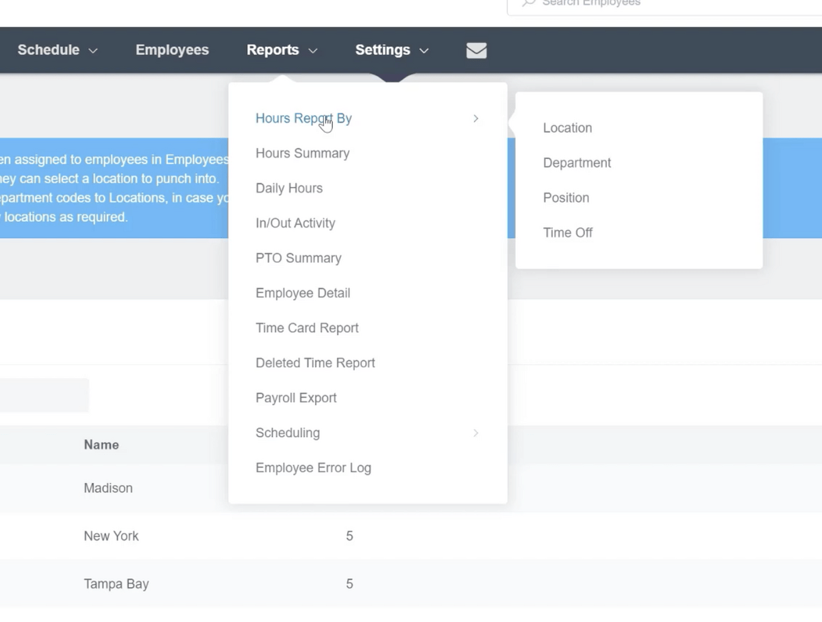 Buddy Punch: Hours report by location, department, position, time off.