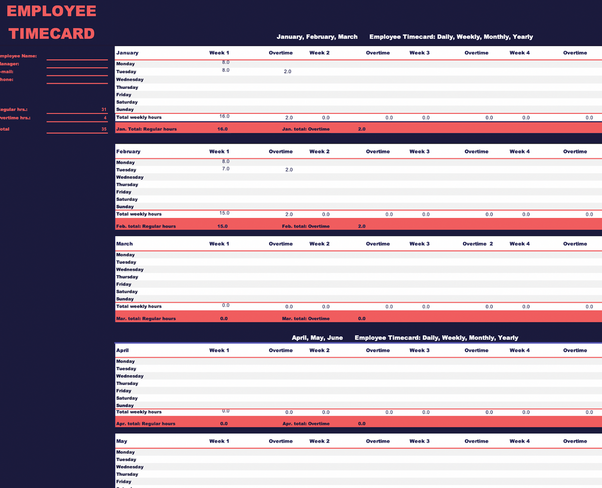 Excel Weekly, Monthly, and Yearly Timesheet