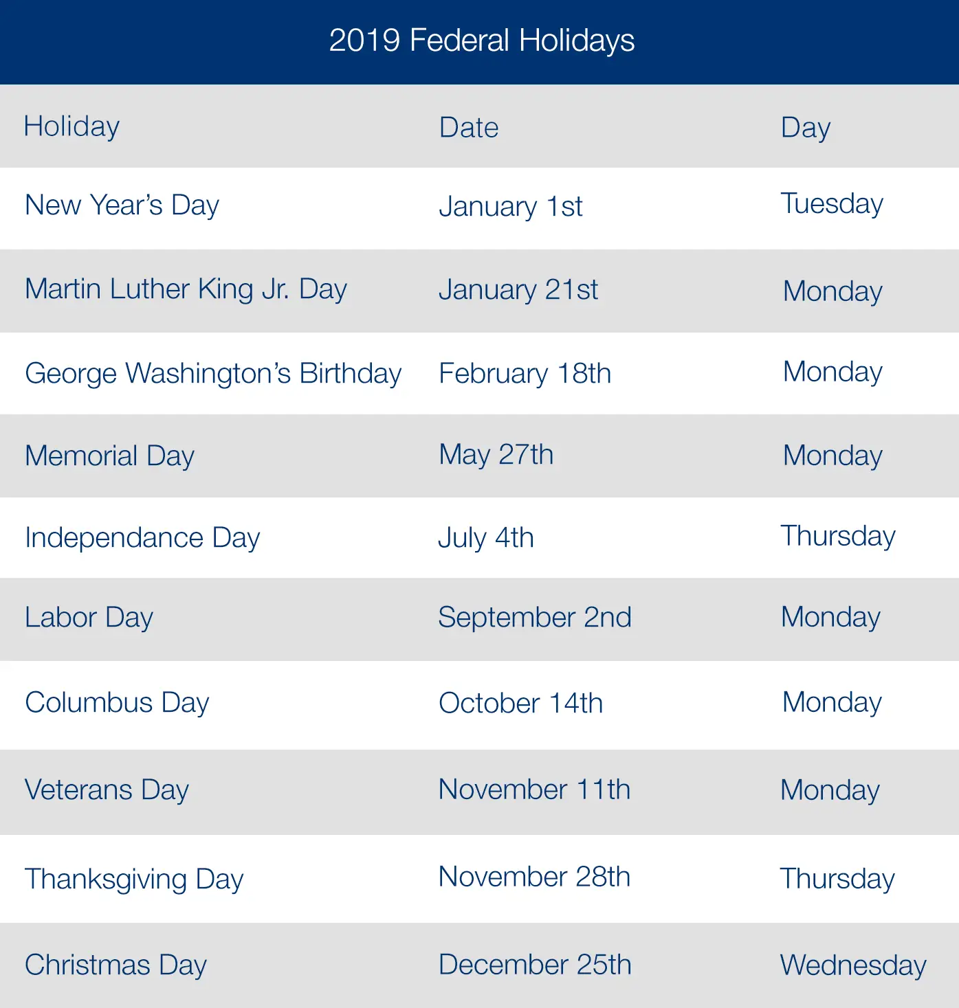 Federal Holidays Calendar