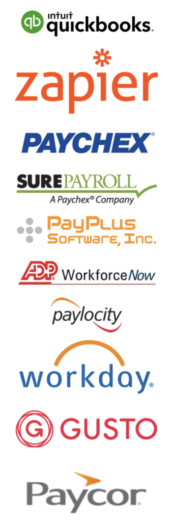 Buddy Punch integrates with endless payroll platforms from QuickBooks, to Zapier, Paychex, SurePayroll, PayPlus, ADP WorkforceNow, Paylocity, Workday, Gusto, Paycor, and more.