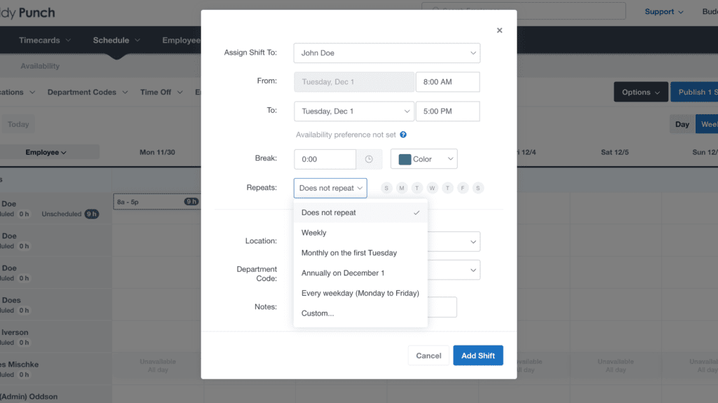 Example of how to schedule repeating or recurring shifts