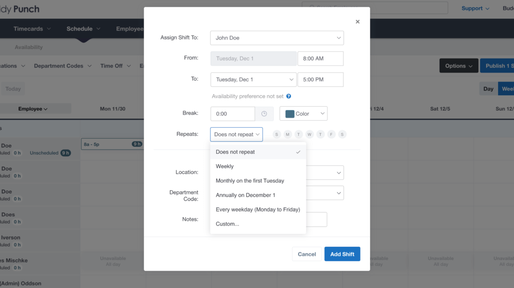 Recurring & Repeating Schedules in Buddy Punch