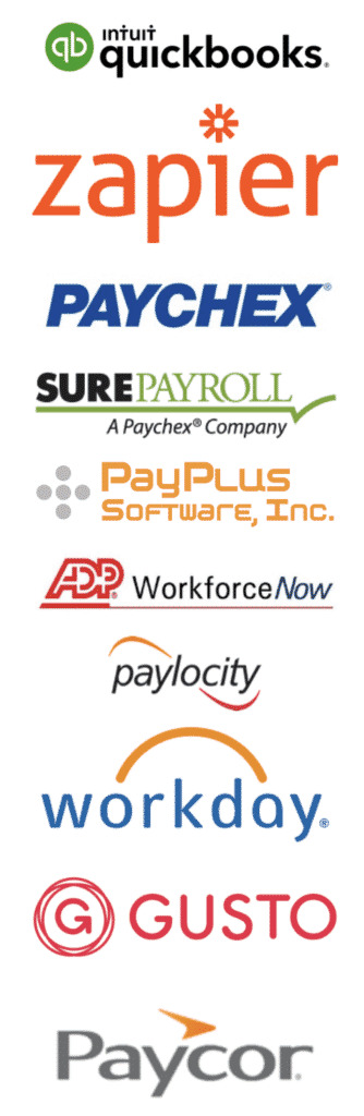Quickbooks, Zapier, Paychex, Sure Payroll, Pay Plus, and more