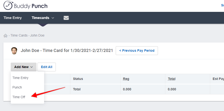 Request time off on timecard