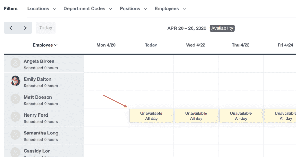 Employee Availability Schedule