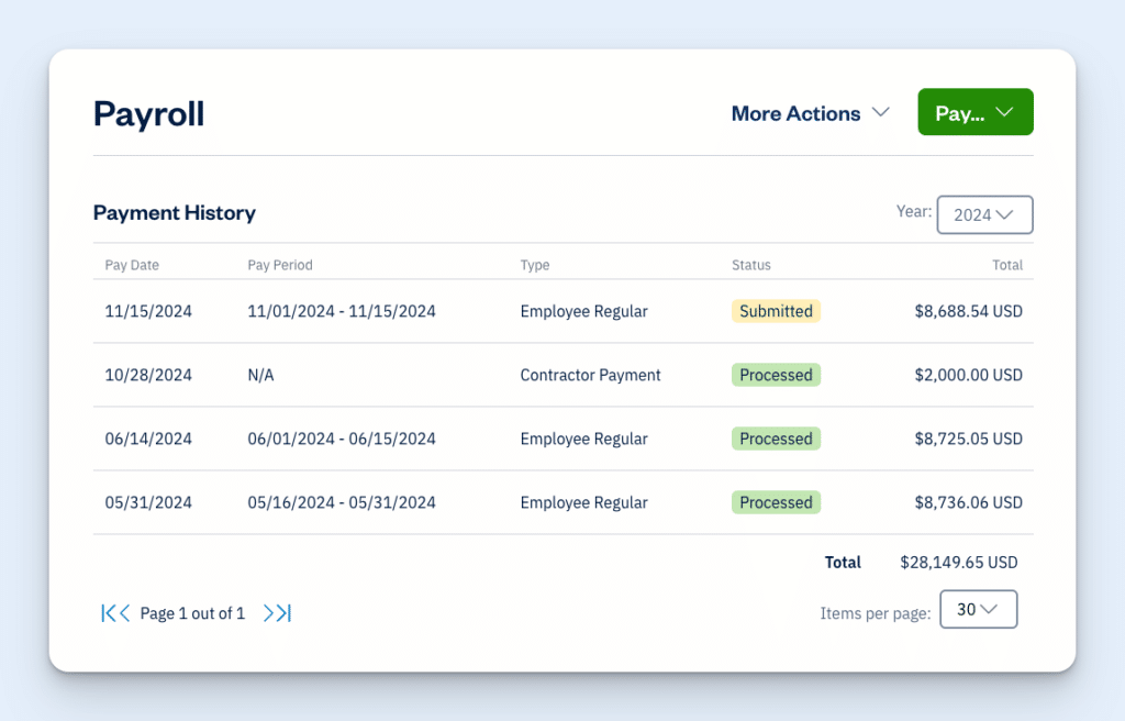 Image showing payroll runs and amounts in FreshBooks