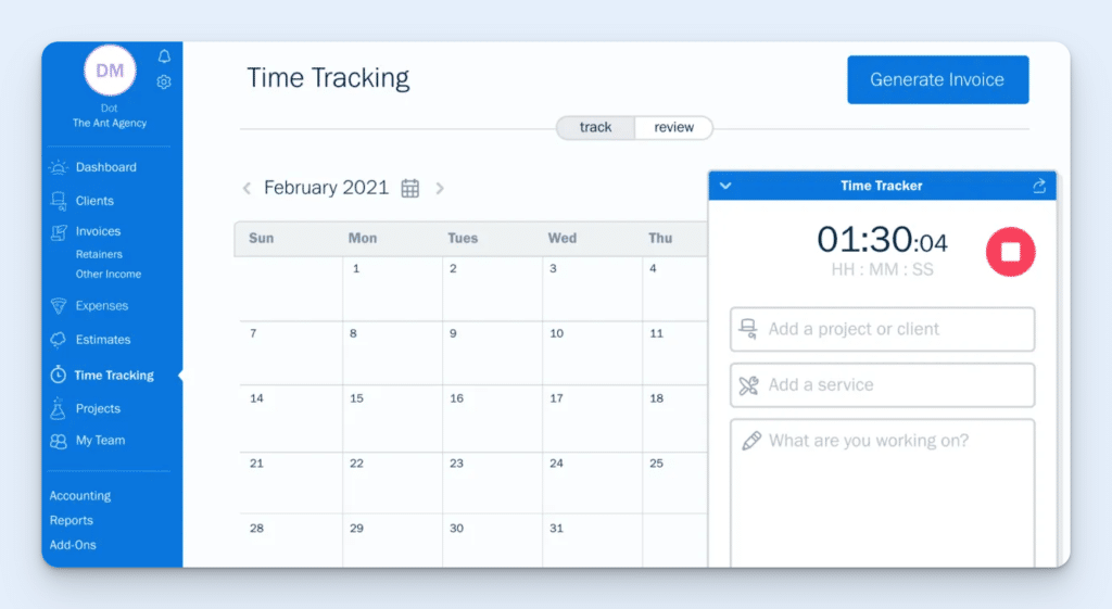 Image showing the timer employees use to track time in Freshbooks