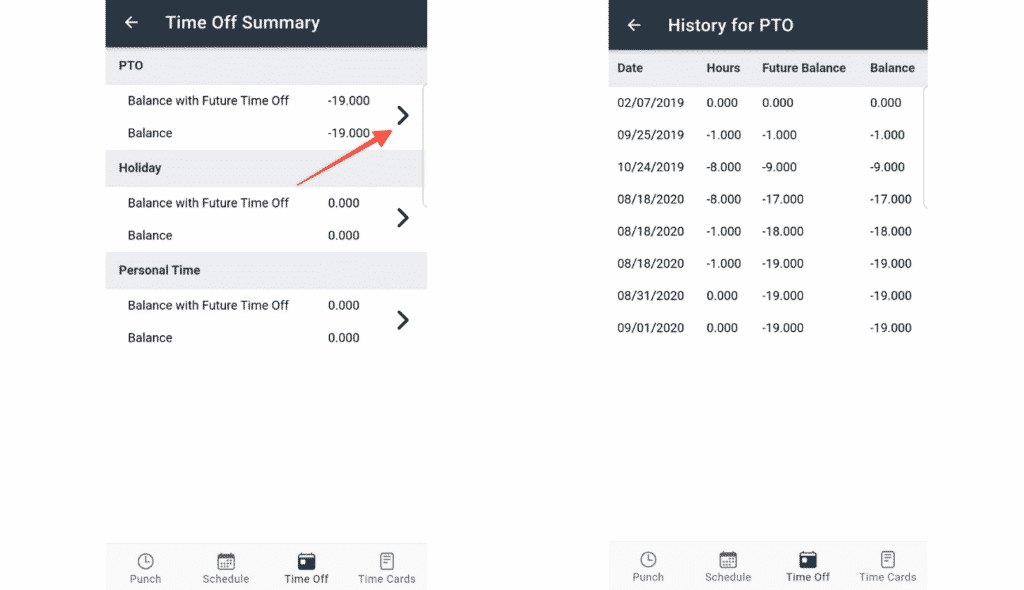 View time off summaries or history for PTO. 