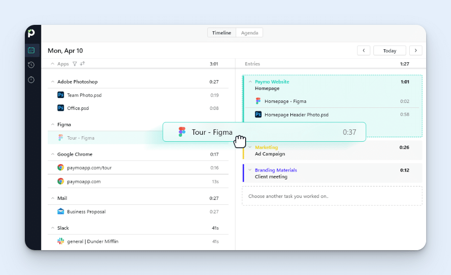 Image showing Paymo's drag-and-drop automatic time tracking feature
