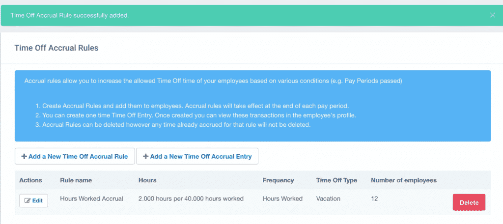 Manage time off accrual rules.