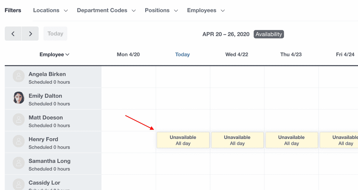 Employees can mark when they're unavailable. 