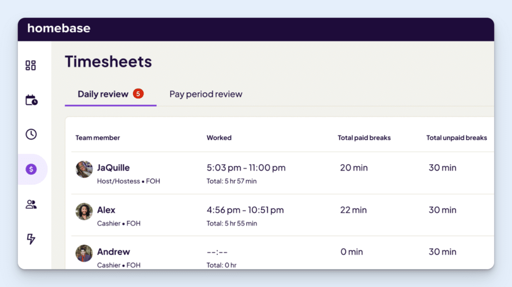 Image showing Homebase's time tracking dasboards
