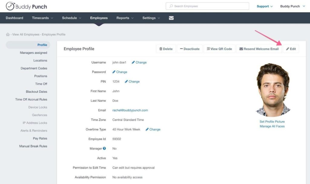 Editing an Employee Profile in Buddy Punch