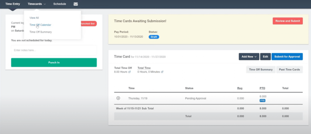 Timecards: Time Off Calendar in Buddy Punch