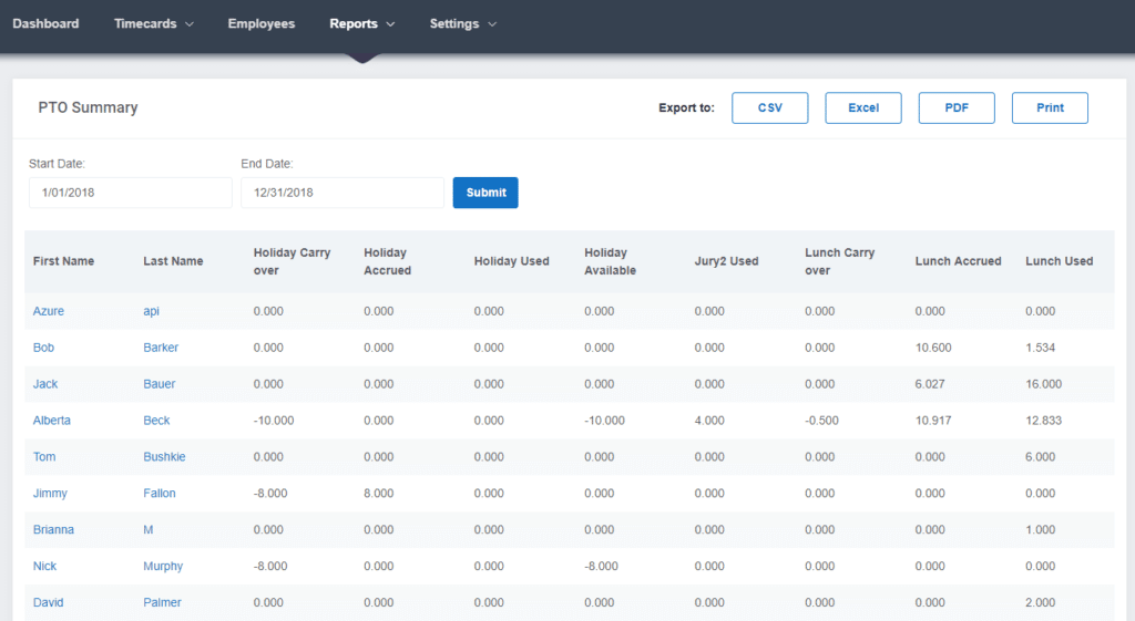 Paid time off summary reports 