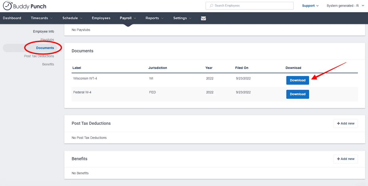 Downloading tax documents in Buddy Punch