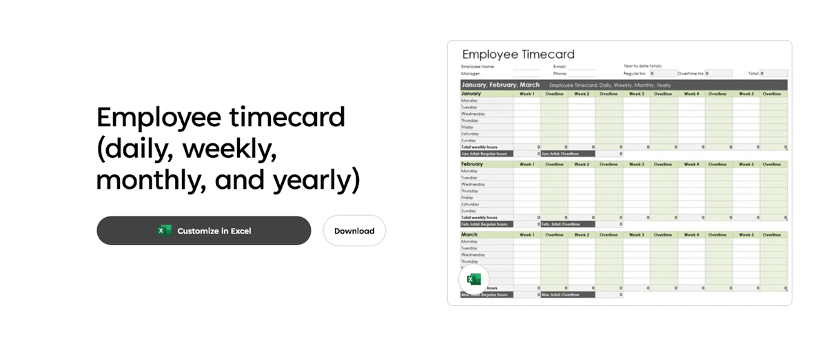 Excel daily, weekly, monthly, yearly timecard template.