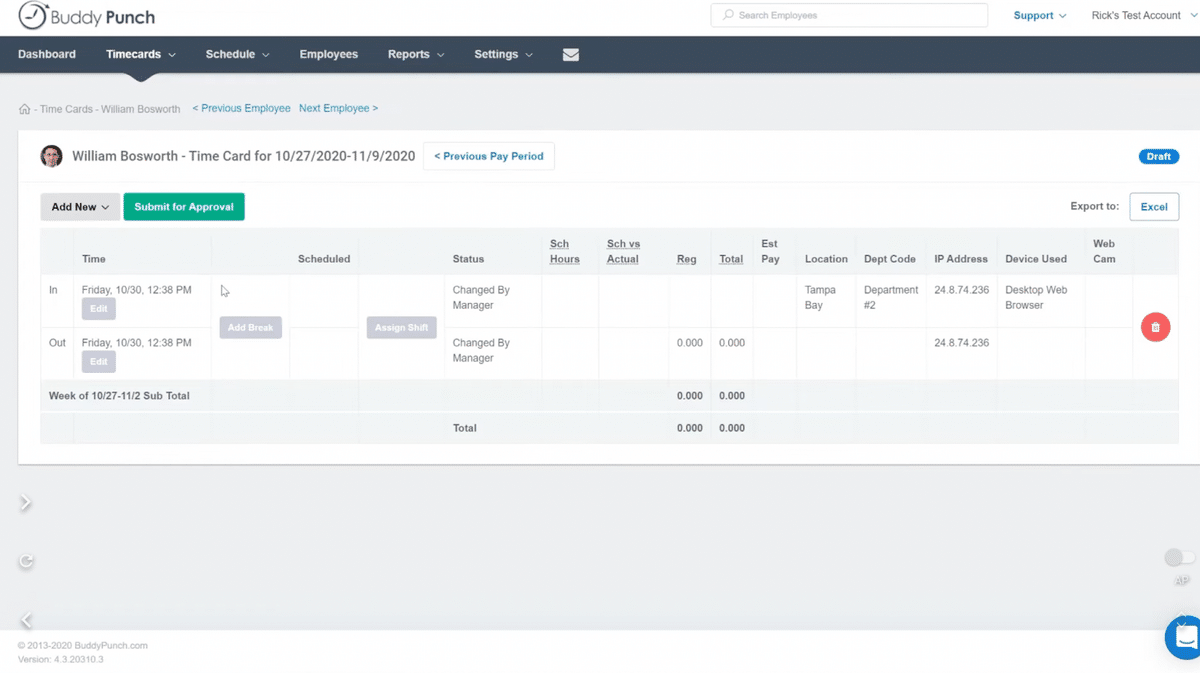 Individual employee timecards. 