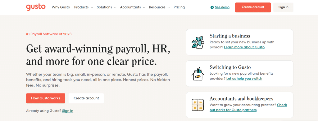 Gusto homepage: Get award-winning payroll, HR, and more for one clear price.