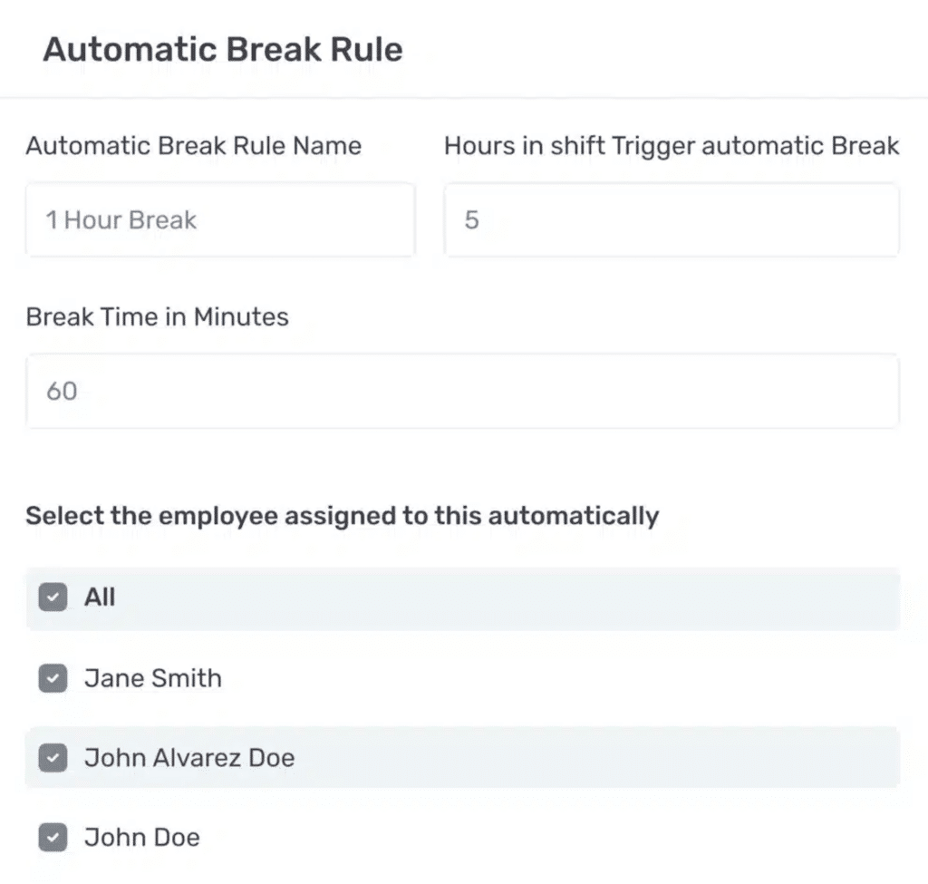 Automatic Break Rule: Name, Triggers, Employees