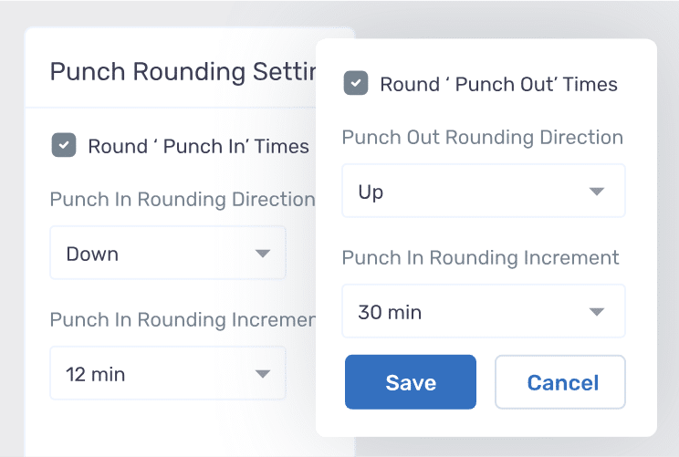 Punch Rounding Settings: Round Punch Out Times (Up/Down/Time increment)