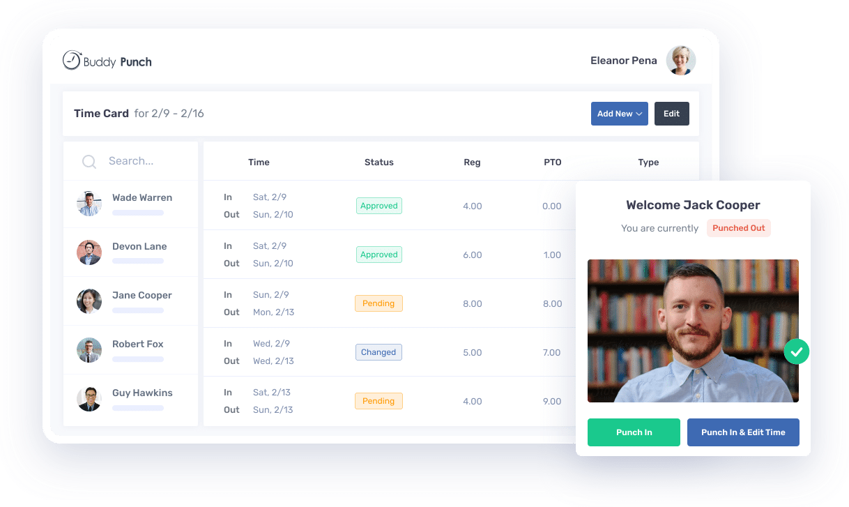 The Buddy Punch time clock dashboard displaying attendance status and all relevant records.