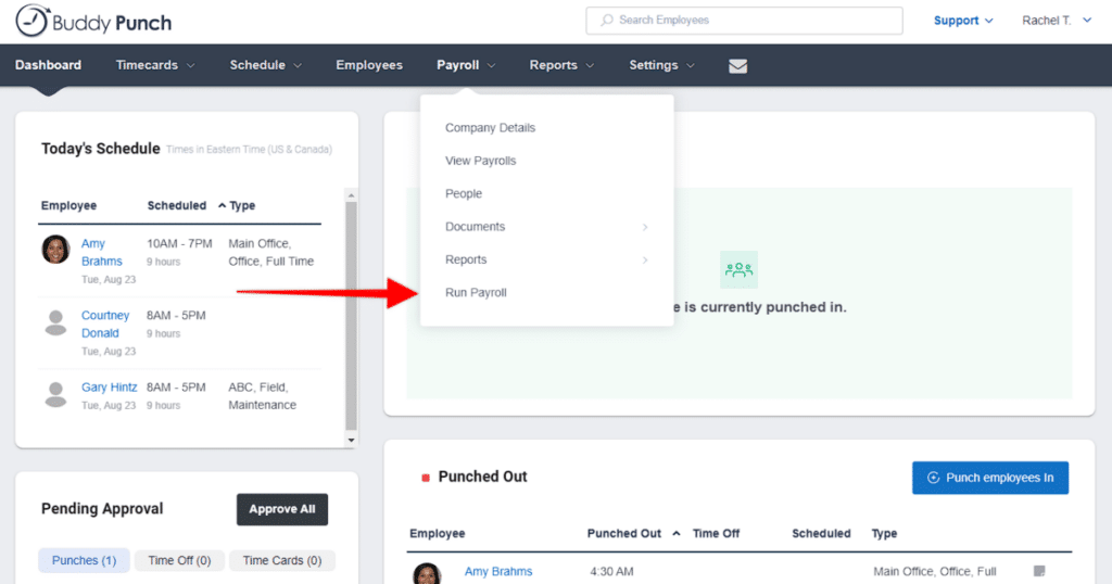 Buddy Punch Dashboard: Payroll > Run Payroll