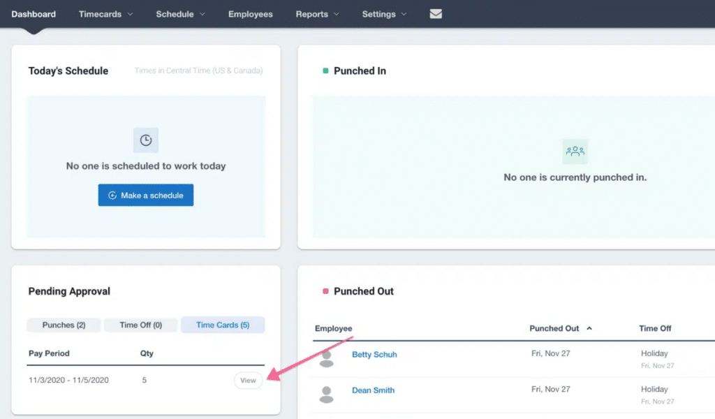 Buddy Punch Dashboard: Pending Approval > Time Cards > View