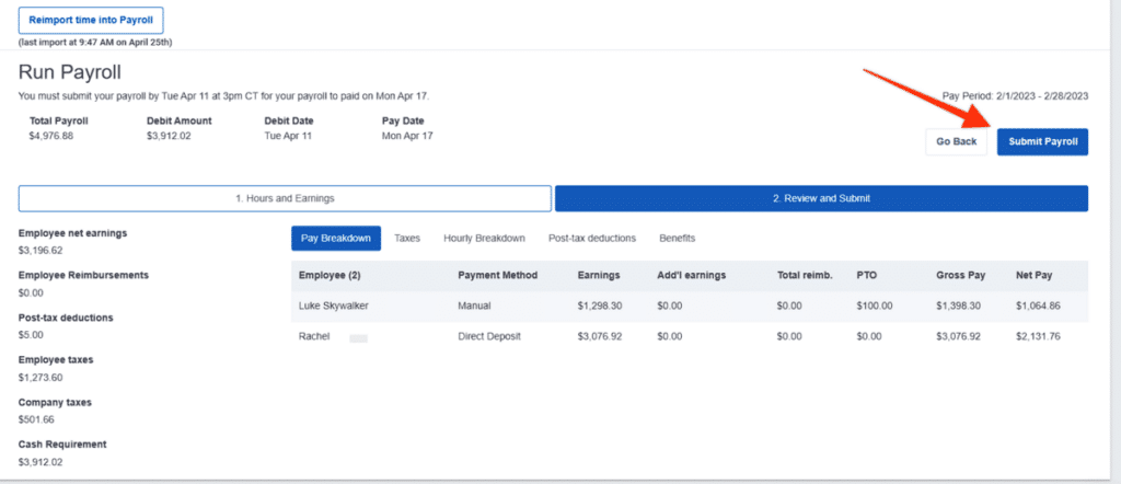 Reimport Time into Payroll: Submit Payroll