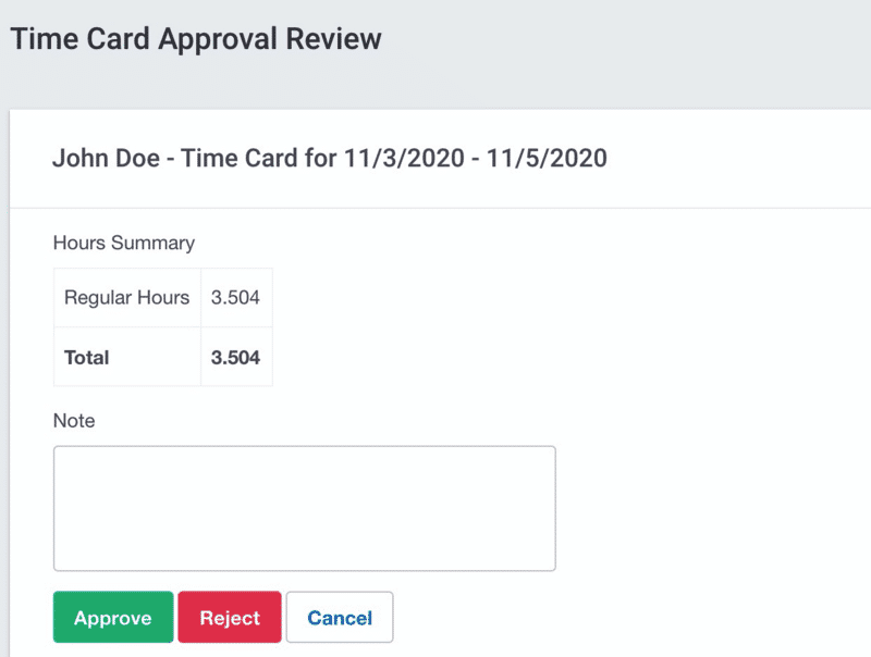 Time Card Approval Review for John Doe