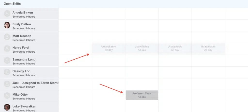 Employee availability calendar. 