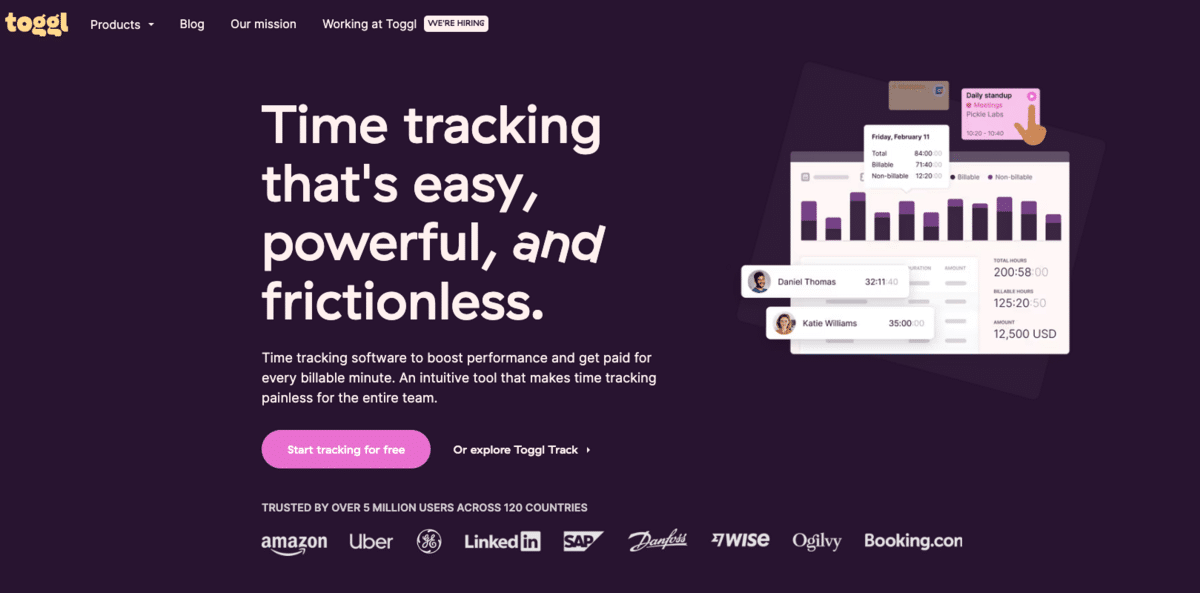 Toggl homepage. 