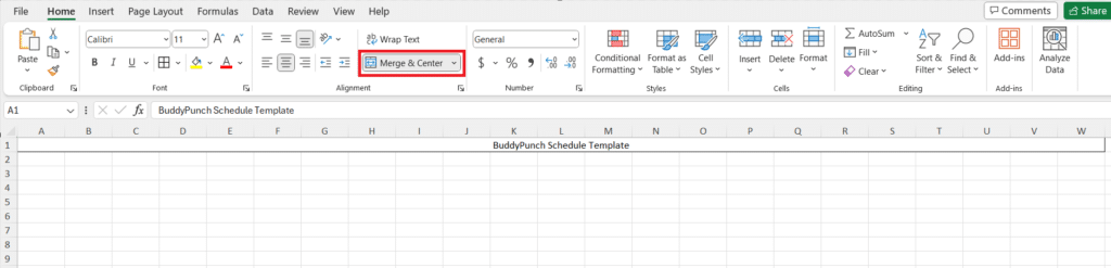Work Schedule Excel Template: Create Header
