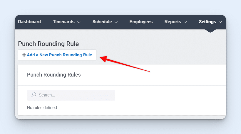 Buddy Punch Punch Rounding Rule page showing an Add a New Punch Rounding Rule button.