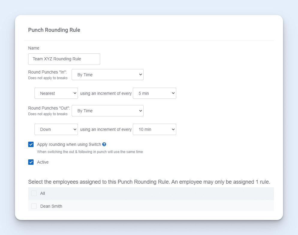 Buddy Punch punch rounding configuration panel with direction dropdowns and minute increment selections.